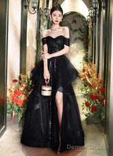 A-Line Black Tulle And Sequins Long Prom Dress With Leg Slit, Black Formal Dress